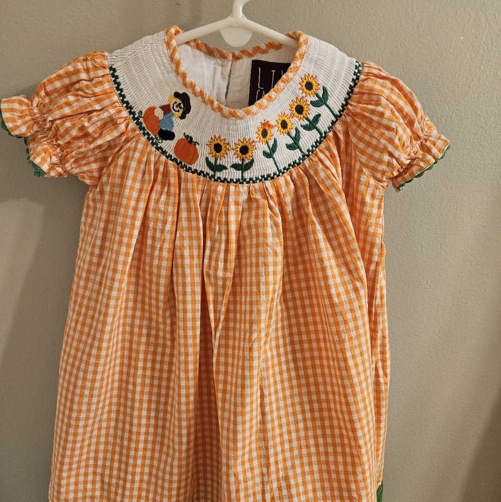 Lil Cactus Autumnal Gingham Smocked Bishop Dress with Sunflowers